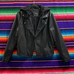 Levi's black faux leather hooded motorcycle jacket women's large